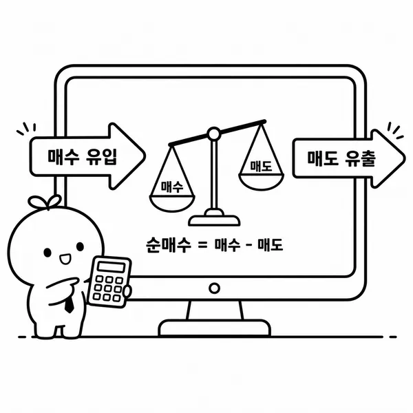 매수 금액에서 매도 금액을 뺀 외국인 순매수 개념을 설명하는 그림