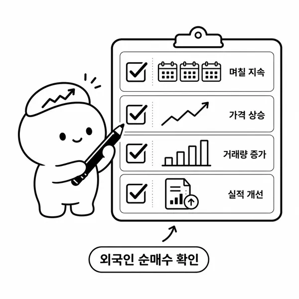 외국인 순매수가 의미 있으려면 기간 가격 거래량 실적을 함께 봐야 한다는 체크리스트 그림