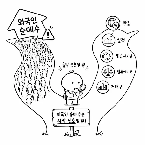 외국인 매수를 무작정 따라가지 말고 환율 실적 업황 거래량을 분석해야 한다는 그림