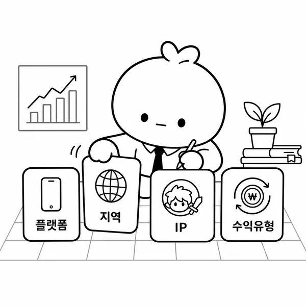 게임사 매출원을 플랫폼 지역 IP 매출 성격으로 나누어 분석하는 이미지
