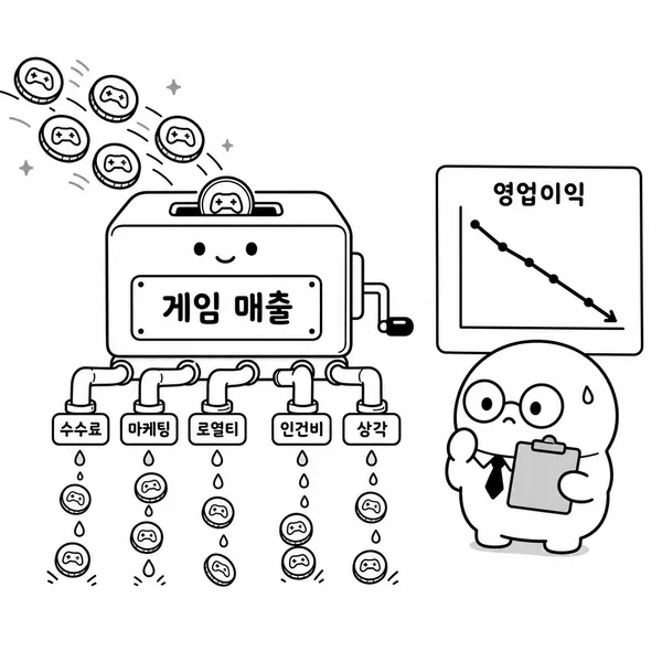 게임 매출에서 수수료 마케팅비 로열티 인건비가 빠져나가는 구조 이미지