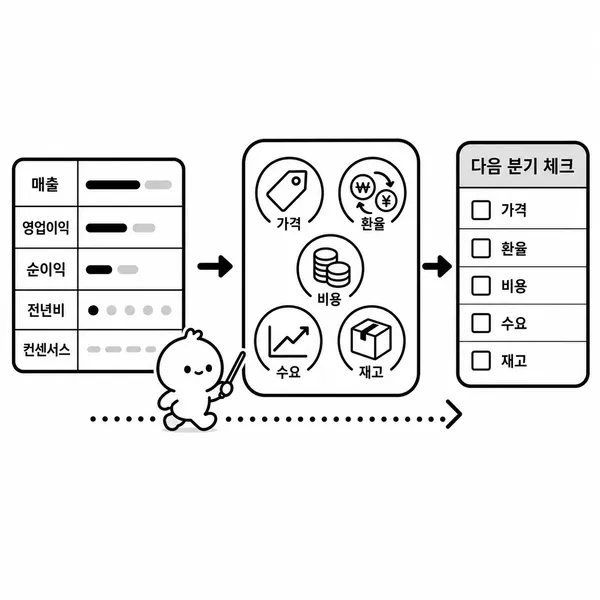 실적 블로그 글의 발표 내용 원인 분석 다음 분기 체크리스트 구조 일러스트