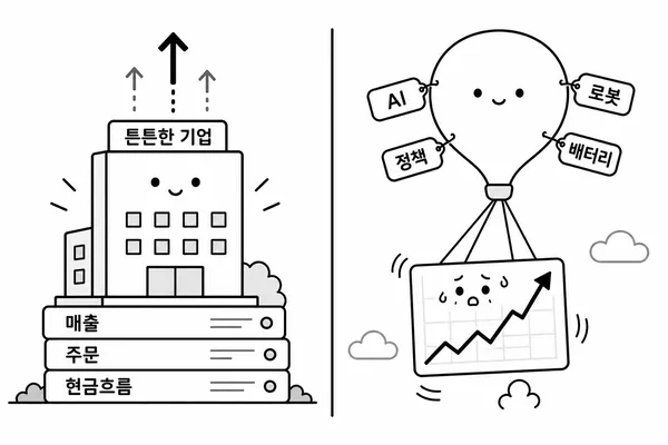 실적 기반 성장주와 기대감 중심 테마주를 비교한 이미지