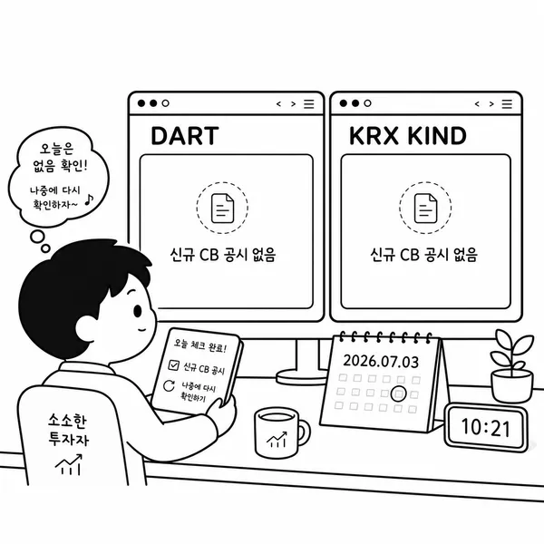 DART와 KRX KIND에서 2026년 7월 3일 오전 전환사채 신규 공시를 확인하는 장면