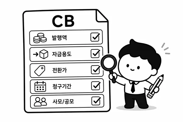전환사채 공시에서 발행 규모와 자금 사용 목적 등 다섯 가지 항목을 점검하는 체크리스트