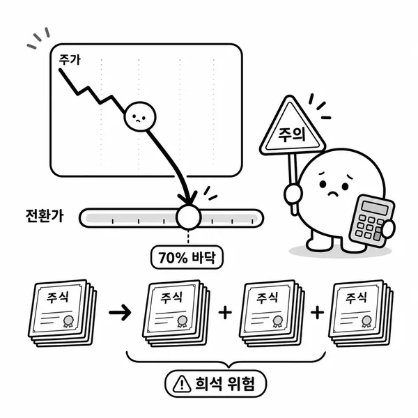 주가 하락과 전환가액 조정으로 주식 수가 늘어나는 리픽싱과 희석 위험 설명 이미지