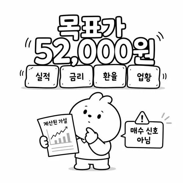 목표주가가 실적 금리 환율 업황 같은 가정 위에 놓인 계산값임을 보여주는 일러스트