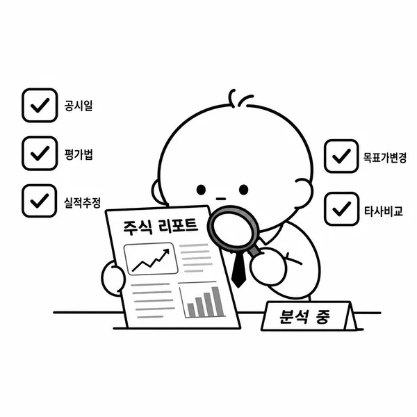 증권사 리포트에서 발간일과 산정 방식, 실적 추정치를 점검하는 체크리스트 일러스트