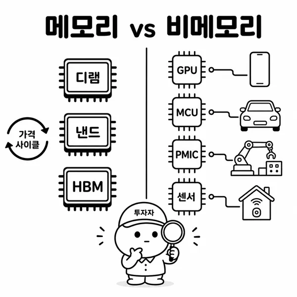 메모리 반도체와 비메모리 반도체를 비교한 도식 이미지