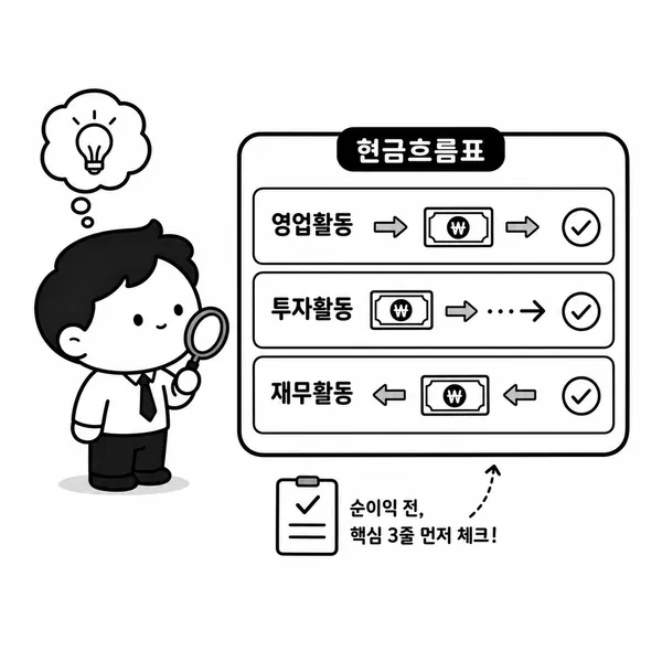영업활동 투자활동 재무활동 세 줄을 확인하는 투자자 일러스트