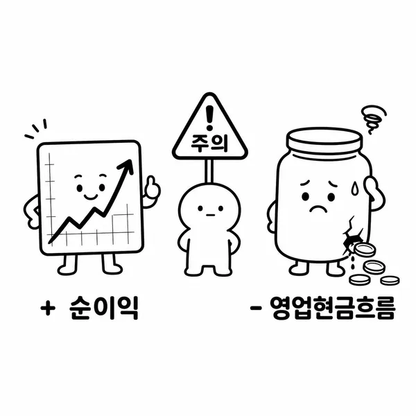 순이익은 플러스지만 영업활동 현금흐름은 마이너스인 위험 신호 일러스트