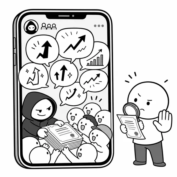 주식 리딩방 급등 추천 메시지를 경계하는 이미지