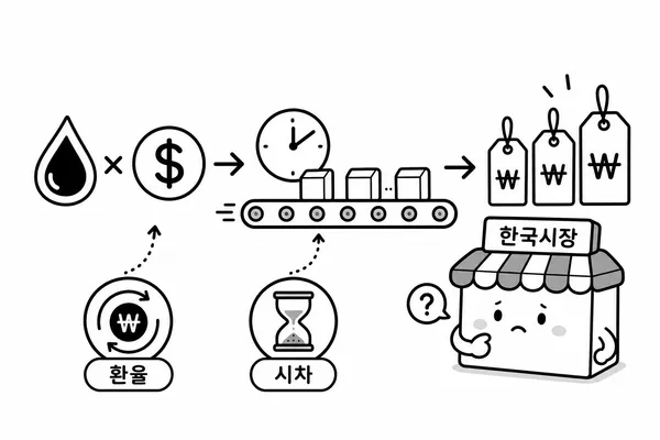 국제유가와 원달러 환율이 국내 가격에 반영되는 과정을 보여주는 이미지