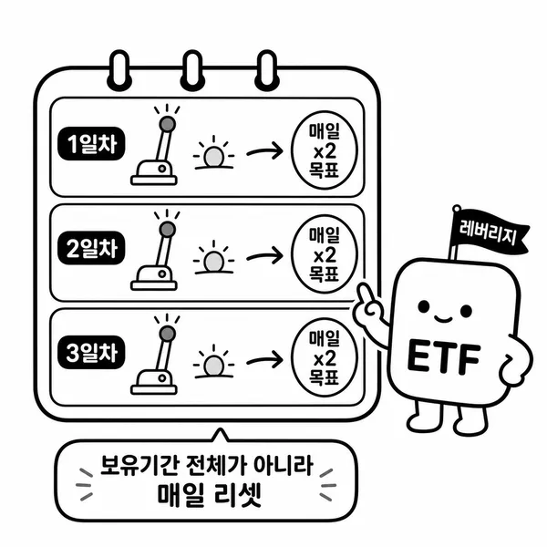 레버리지 ETF가 매일 목표 배율을 다시 맞추는 구조를 설명하는 달력 이미지