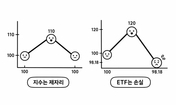 기초지수는 제자리로 돌아왔지만 레버리지 ETF는 손실이 나는 변동성 손실 예시 차트