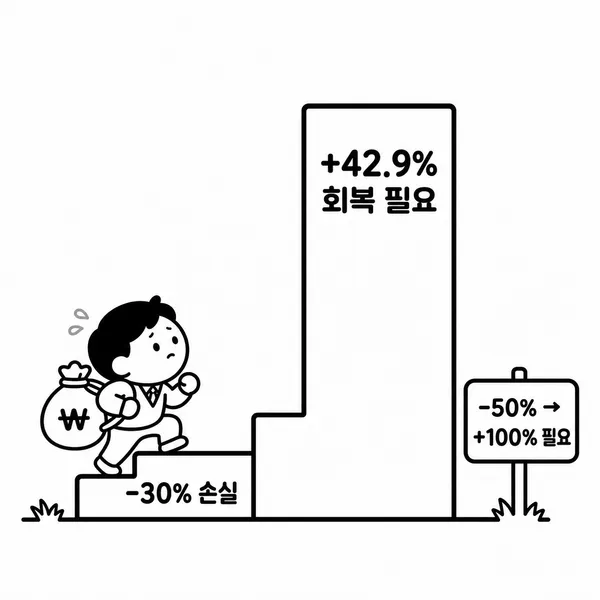 레버리지 ETF 손실 후 원금 회복에 더 큰 상승률이 필요한 상황을 계단으로 표현한 이미지