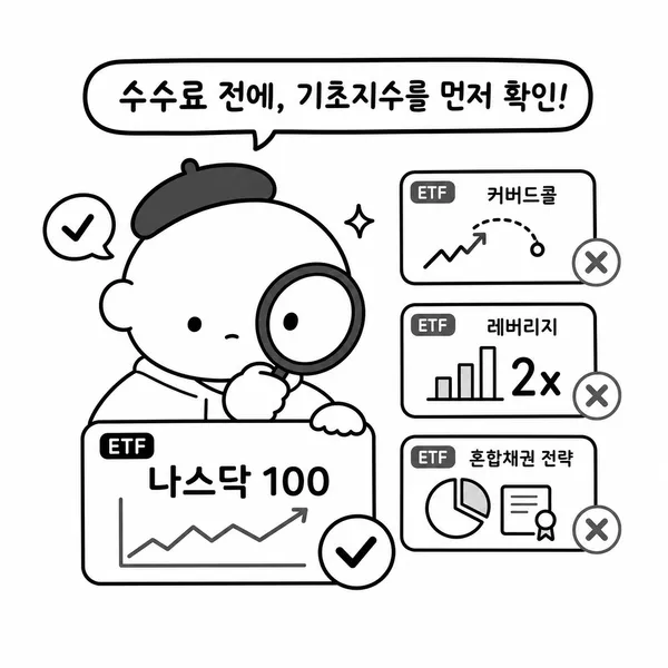 투자자 캐릭터가 나스닥100 기초지수를 확인하는 일러스트