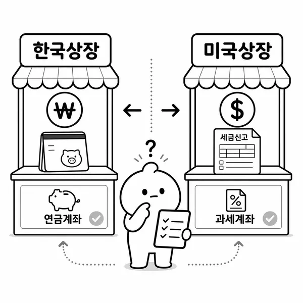 국내 상장 ETF와 미국 상장 ETF의 세금 구조를 비교하는 일러스트