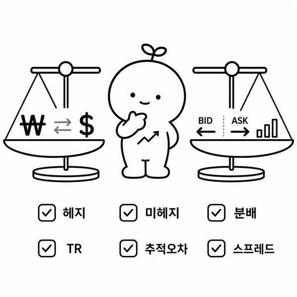 환율 노출과 ETF 유동성의 균형을 저울로 표현한 일러스트