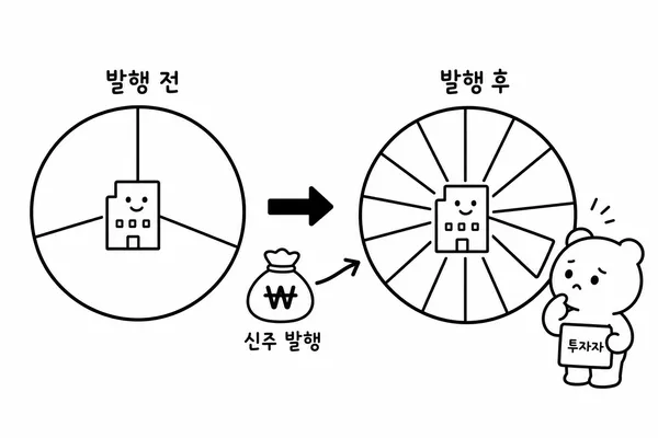 유상증자로 주식 수가 늘어나며 기존 주주의 지분 가치가 희석되는 구조를 설명한 그림