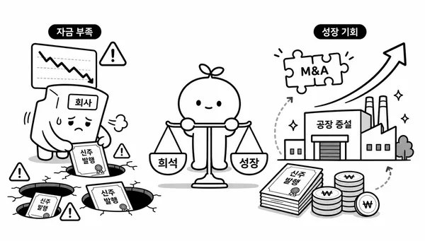 나쁜 유상증자와 좋은 유상증자를 부채 상환과 성장 투자 관점에서 비교한 그림