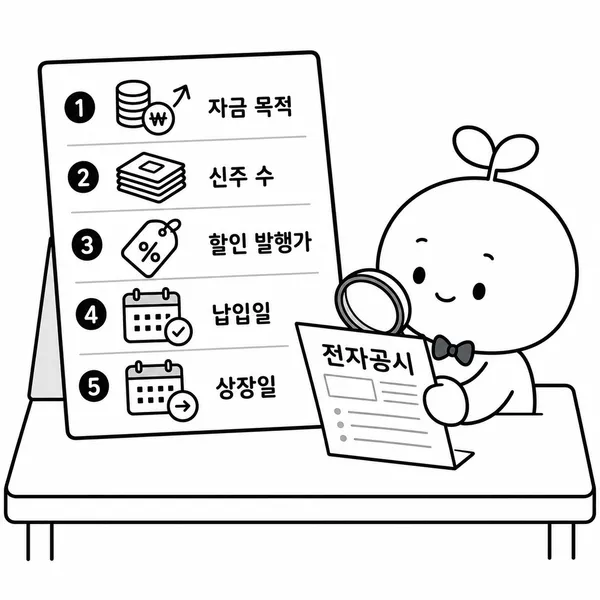 유상증자 공시에서 자금 목적과 신주 수와 발행가와 납입일과 상장일을 확인하는 체크리스트 그림
