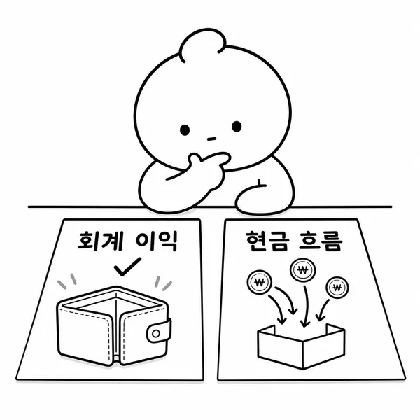 회계상 이익과 실제 현금 유입의 차이를 설명하는 이미지