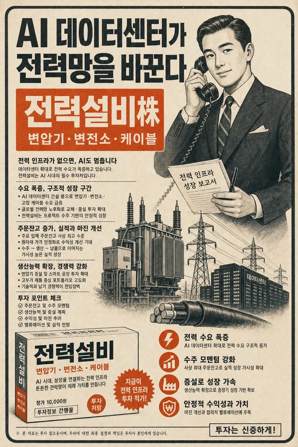 AI 데이터센터와 전력망 변화로 주목받는 전력설비 관련주를 표현한 포스터형 이미지