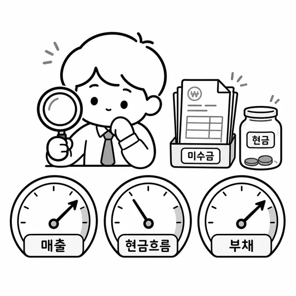 매출, 현금흐름, 차입금 지표를 비교하는 기업 분석가 일러스트