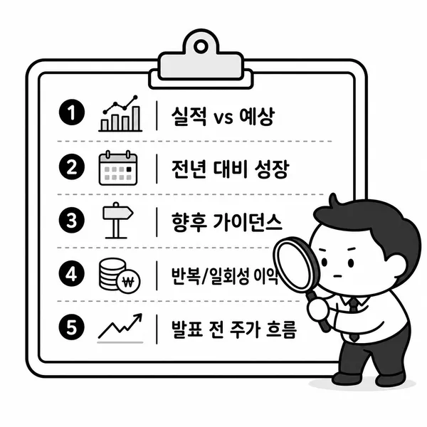 실적 발표 뒤 실제 실적과 컨센서스, 성장률, 가이던스 등을 확인하는 체크리스트 일러스트