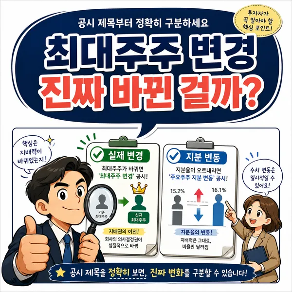 최대주주 변경 공시와 소유주식 변동 공시를 비교하는 일러스트