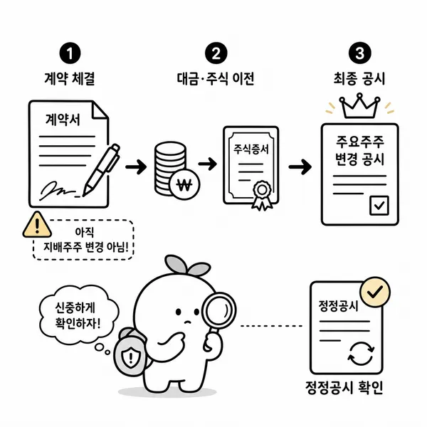 주식양수도 계약부터 잔금 지급과 실제 최대주주 변경 공시까지의 시간차를 보여주는 이미지