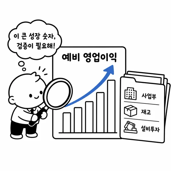 급증한 잠정 영업이익의 배경을 확인하는 분석가