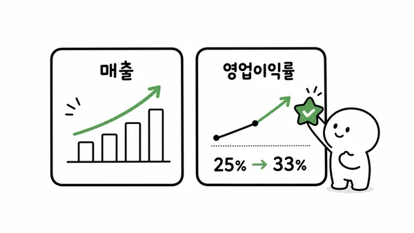 매출 증가와 영업이익률 25퍼센트에서 33퍼센트 개선을 보여주는 이미지