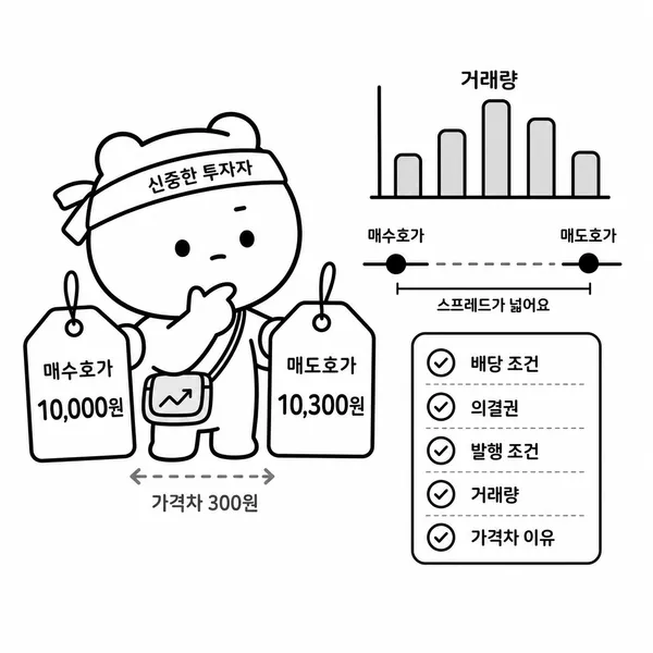 우선주 매수 전 가격 차이와 거래량, 체크리스트를 확인하는 투자자 일러스트
