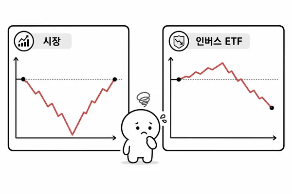 기초지수는 제자리로 돌아왔지만 인버스 ETF 가치가 낮아지는 변동성 누적 효과 설명 그림