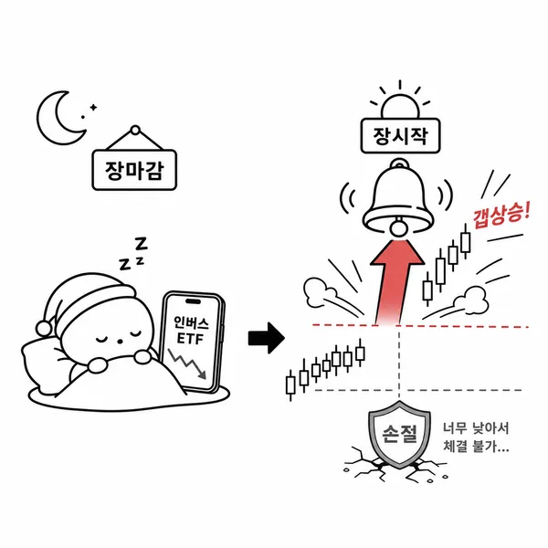밤사이 발생한 갭 상승으로 인버스 ETF 손실 위험이 커지는 상황을 보여주는 그림