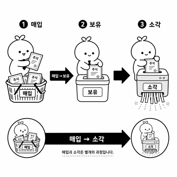 자사주 매입, 보유, 소각의 세 단계를 설명한 인포그래픽
