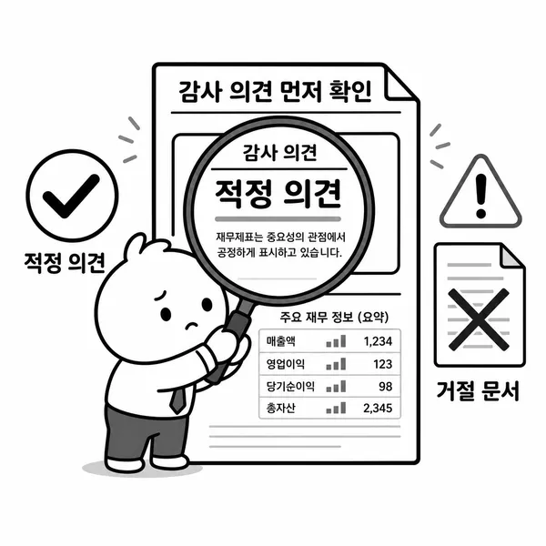 투자자가 돋보기로 감사보고서의 감사의견을 확인하는 일러스트