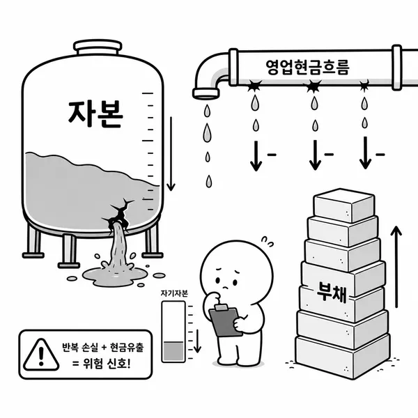 자본 탱크와 현금흐름이 동시에 줄고 부채가 쌓이는 모습의 일러스트