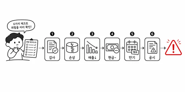 감사보고서부터 거래소 공시까지 여섯 단계 상장폐지 위험 점검 순서를 나타낸 일러스트