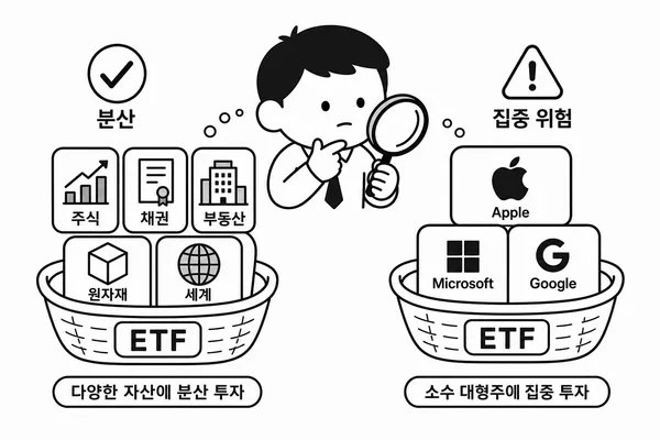 균형 잡힌 ETF 구성과 과도하게 집중된 ETF 구성을 비교하는 그림
