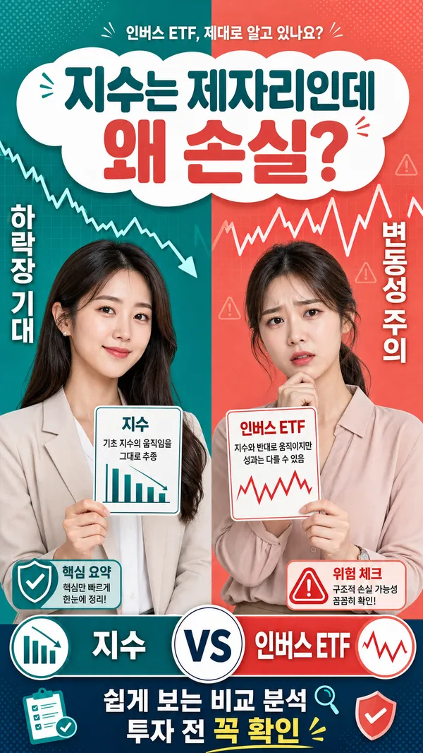 하락 차트와 변동성 차트를 비교해 인버스 ETF의 위험을 설명하는 이미지