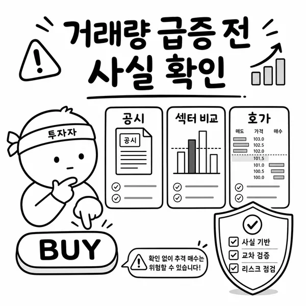 매수 버튼을 누르기 전 공시와 섹터 차트, 호가창을 확인하는 투자자 일러스트