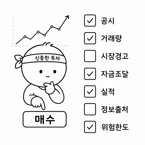 매수 버튼 앞에서 7가지 위험 체크리스트를 확인하는 투자자 일러스트