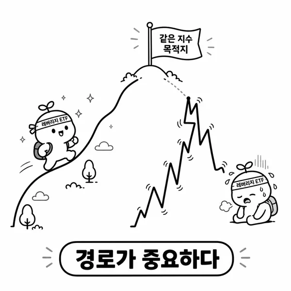 매끄러운 상승 경로와 큰 등락을 반복하는 상승 경로의 레버리지 ETF 차이
