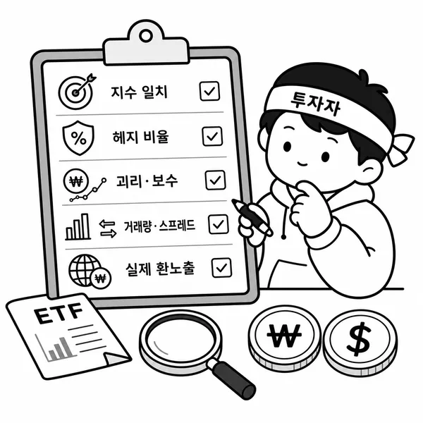 ETF 투자 전 기초지수와 헤지 비율, 비용, 거래량, 외화 노출을 확인하는 투자자