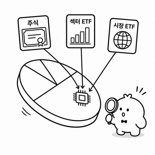 반도체 비중 쏠림과 ETF 중복 편입을 확인하는 포트폴리오 일러스트