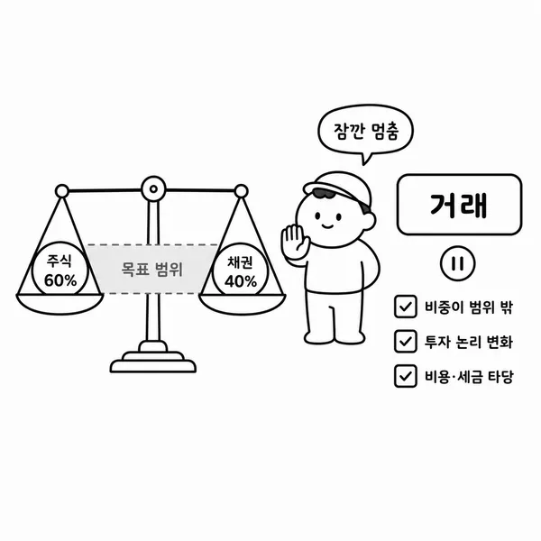 리밸런싱 전 목표 비중과 거래 비용을 확인하는 투자자 일러스트