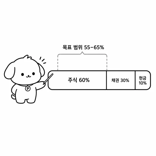 주식 60퍼센트, 채권 30퍼센트, 현금 10퍼센트 목표 비중과 허용 범위를 보여주는 포트폴리오 균형 일러스트